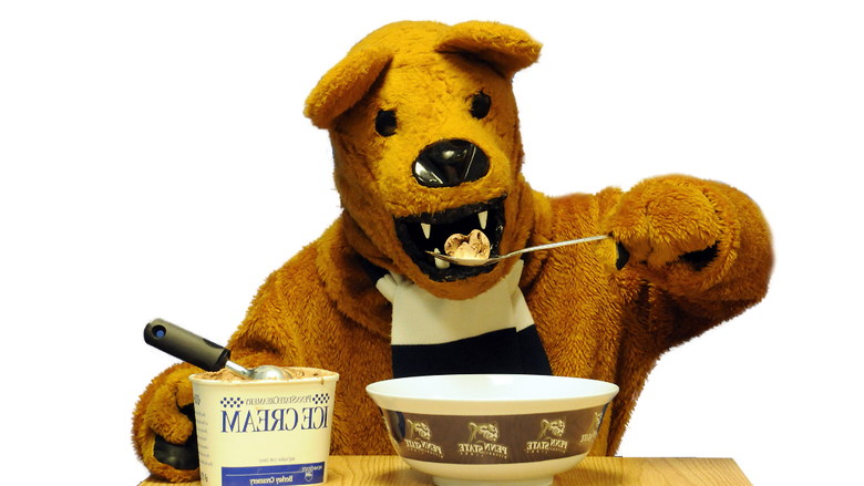 The Nittany Lion mascot enjoys Berkey Creamery ice cream.